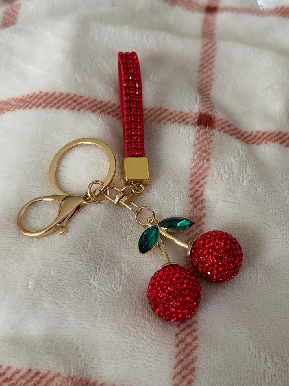 Gold Cherry Keychain with Red Crystal Charms
